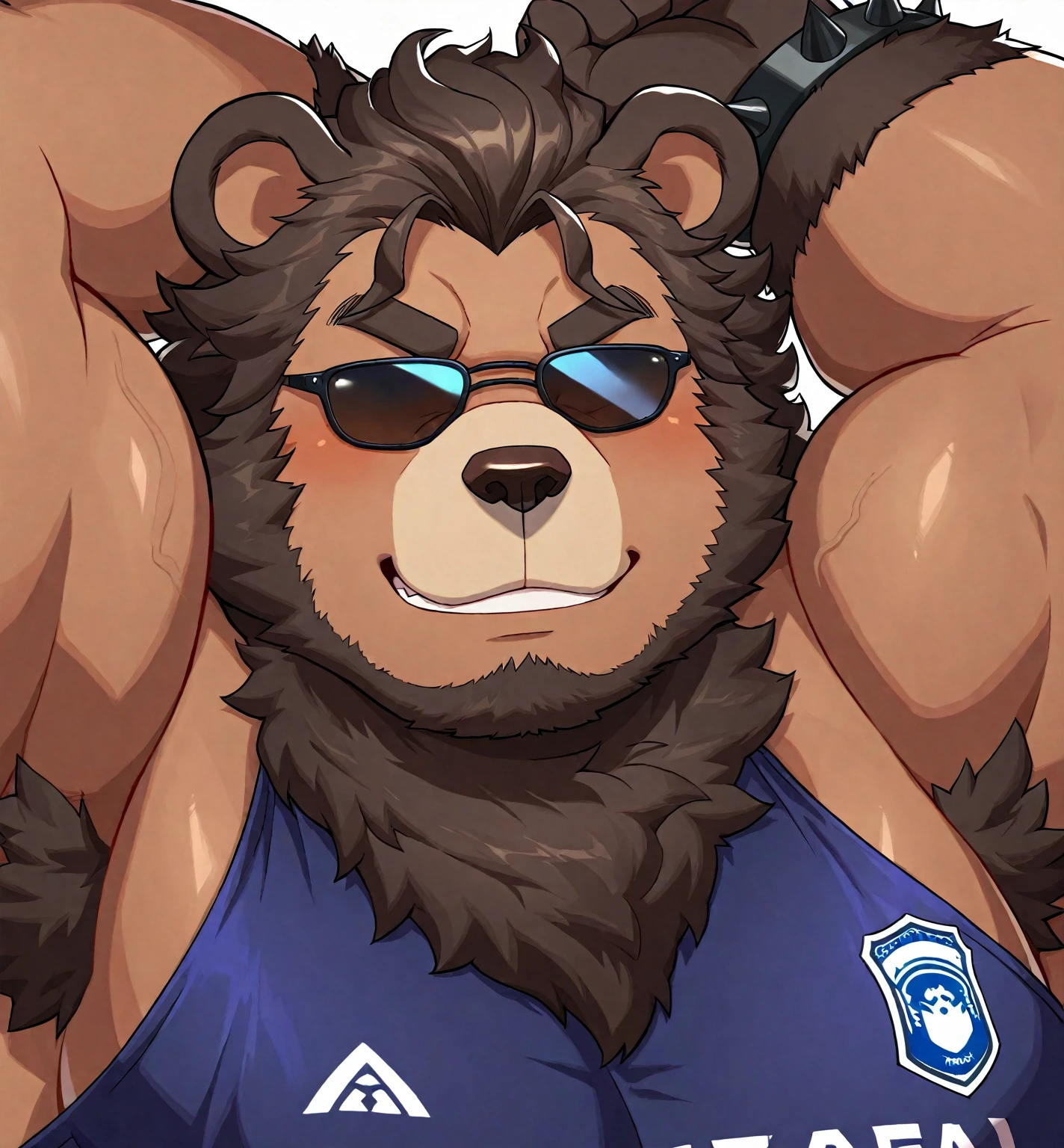 solo, 1boy, Huge Muscular Old Grizzly Bear wearing sunglasses, pectoral, huge pectoral, wide pectoral, short white hair, black competitive briefs short black wristbands and shirtless topless, bearded, Moustache, surf board, background, masterpiece, high detailed, 8k, high resolution, at the ocean, surfing the waves, riding the waves