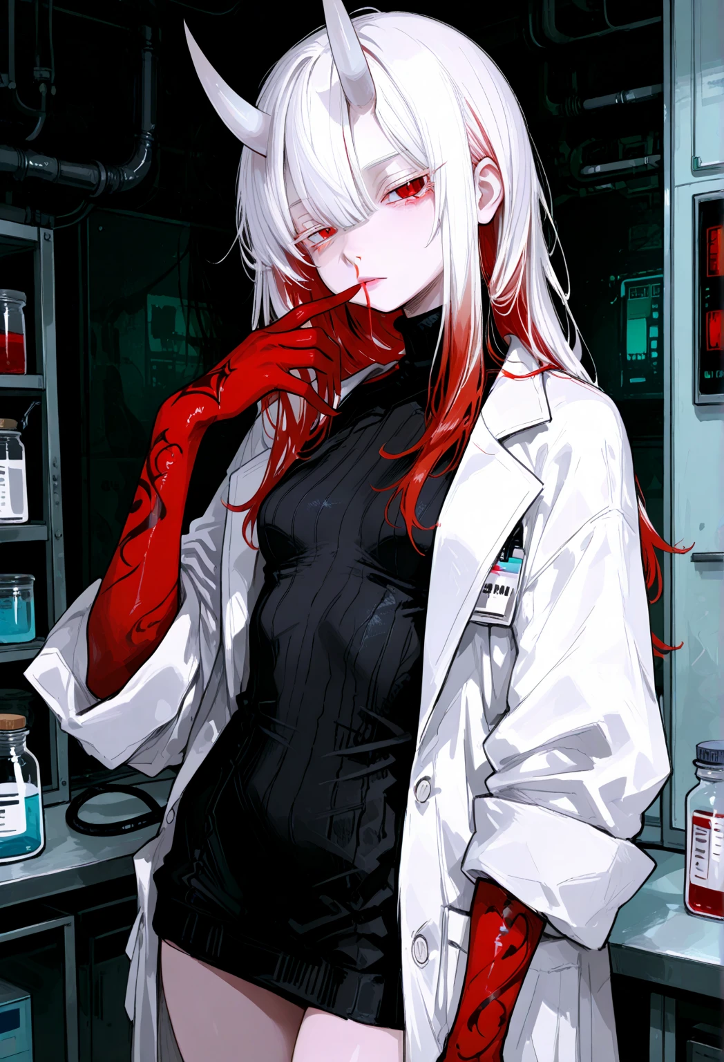 (Top resolution、Distinct_image)top-quality、A girl、masterpiece、highly detailed, half body, Semi-realistic、Yellow eyes 、18year old, red hairs ,young 、Exquisite facial features、Facial features ,variation potrait, long hairstyles, zl apocalypse, teenage, cool , cold sharp eyes, An expression of despair., Torn clothes, destroyed clothes, damaged clothing, all dirty, dirty, dirt, lifeless eyes, blood on face, , {Very detailed 8k CG unit wallpaper}, Handsome, solo, female, mafia, black shirt, white pant, white coat, luxury