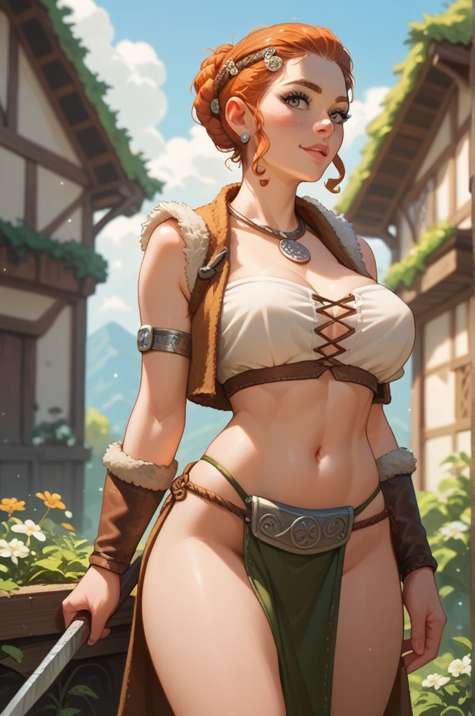 gwen tennyson,tracer,bulma,rebecca chambers,1girl,close up,face paint, medieval armor,gold neck jewelry,body tattoos,short hair,long dress,wolf fur, ceremonial cape,viking corset,tight skirt,snow forest,gold,amulets,tribal piercings and tattoos,white tribal top, leather pantyhose,green eyes,orange hair,shy smile,freckles,redhead,beautiful girl,large breasts,thigh high boots,ultra detailed,realistic,fantasy art,garter belt,braided hair,holding an axe,battle pose,((((huge muscles))))