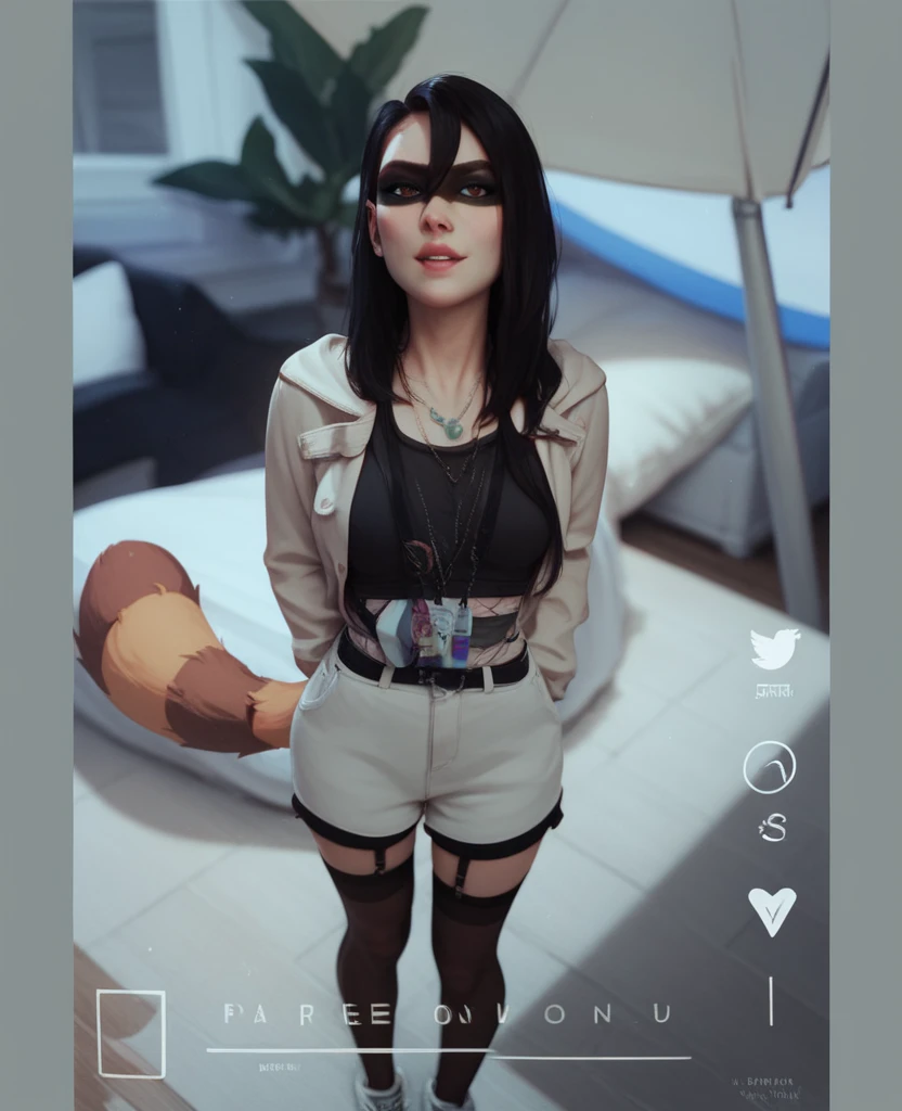 masterpiece, top quality, high resolution, solo, dark hair, dark eyes, dark clothes, scruffy bra, sexual expression, teenage bedroom, orange and white fox