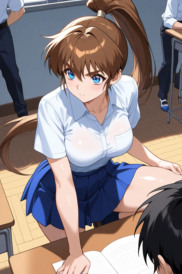 score_9, score_8_up, source_anime Bibl3, cute girl, brown hair, twin braid hair, hair ornament, hair ribbon, school skirt, huge breasts, heavy breasts, breast expansion, wide hips, thick thighs, striped stockings, viewed from behind, doorway of school office, blowjob, fellatio, squatting down, legs open, wet pussy, striped panties,