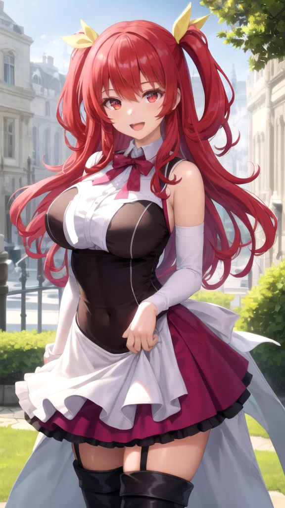 Stella Vermillion, Stella Vermillion, hair between eye, Hair intake, Hair Ribbon, Long hair, (Red Eyes:1.5), Red hair, two side up, Yellow Ribbon,Blake Black Choker, Choker, emblem, Neck ribbon, Plaid, Puffy Short Sleeves, Puffy sleeves, Purple Ribbon, Red hair, bow ribbon, School uniform, Shirt, Short sleeves, Skirt, thighs thighs thighs thighs, White shirt, White skirt,BREAK looking at viewer,,Romper (masutepiece:1.2), Best Quality, High resolution, Unity 8k壁纸, (Illustration:0.8), (Beautiful detailed eyes:1.6), extra detailed face, Perfect Lighting, extremely details CG, (Perfect hands, Perfect ???????),、Stand on the escalator, (By up escalator), (lower body shot), Thigh Focus, (Taken from the bottom 1.3), (webt panties:1.8), (white  panties:1.3)、(Skirt that rolls up:1.3)、(Fully exposed panties:1.5),embarrassed, Blushing, wobbly mouth, (angry), Looking at Viewer, Outside, Panties, Sexy, thick thighs, wide hips、plein air、outside of house、(black thighhighs:1.3)