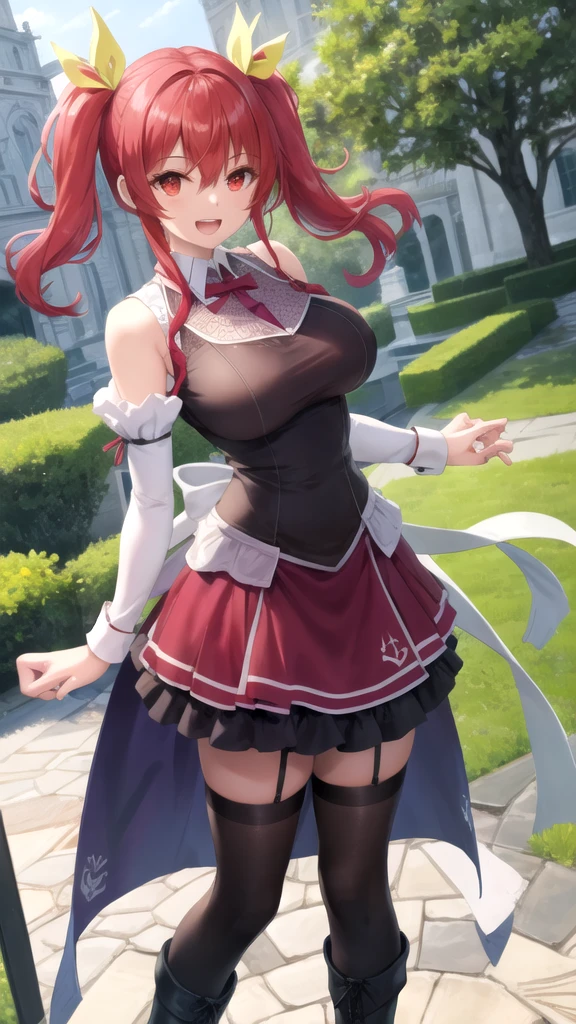 masterpiece,best quality,highres,ultra-detailed,aajessica,brown eyes,long hair,twintails,earrings,necklace,strapless dress,purple shirt,long sleeves,corset,belt,red skirt,long skirt,frills,black pantyhose,boots,<lora:jessica_albert:0.8>,(skirt lift:1.4),(panties over pantyhose,:1.4),blush,(embarrass:1.2),outdoors,garden,