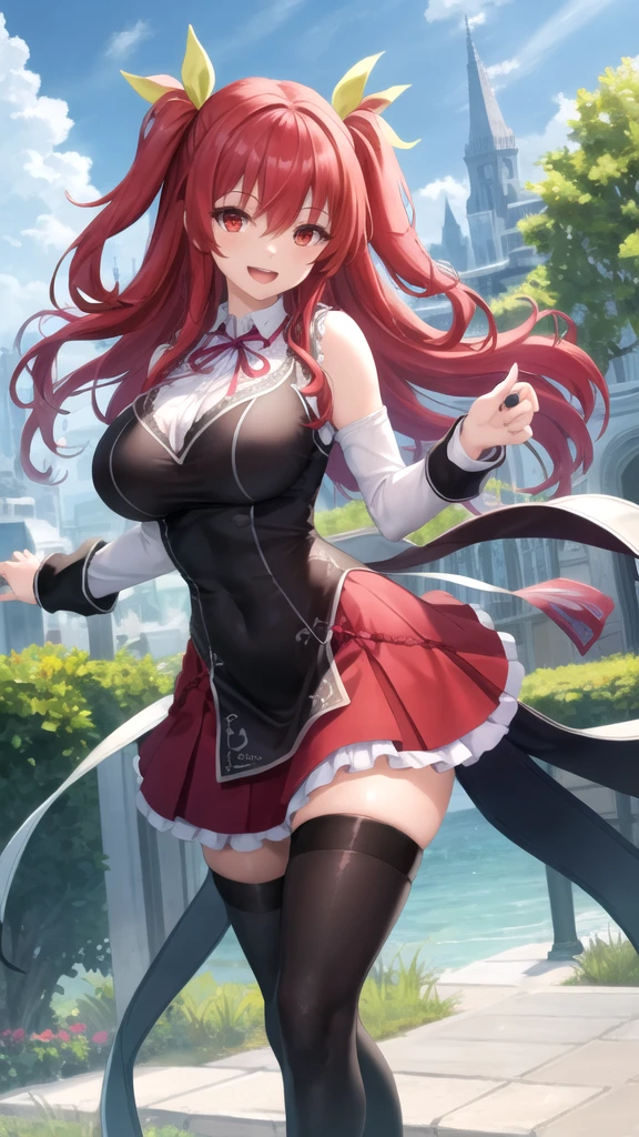 masterpiece, best quality, highres, best quality, highres, rias gremory, 1girl, long hair, school uniform, red hair, ahoge, blue eyes, large breasts, very long hair, breasts, skirt, huge ahoge, socks, outdoors, standing, spread legs, (skirt lift:1.3), (white thong:1.1), smile,