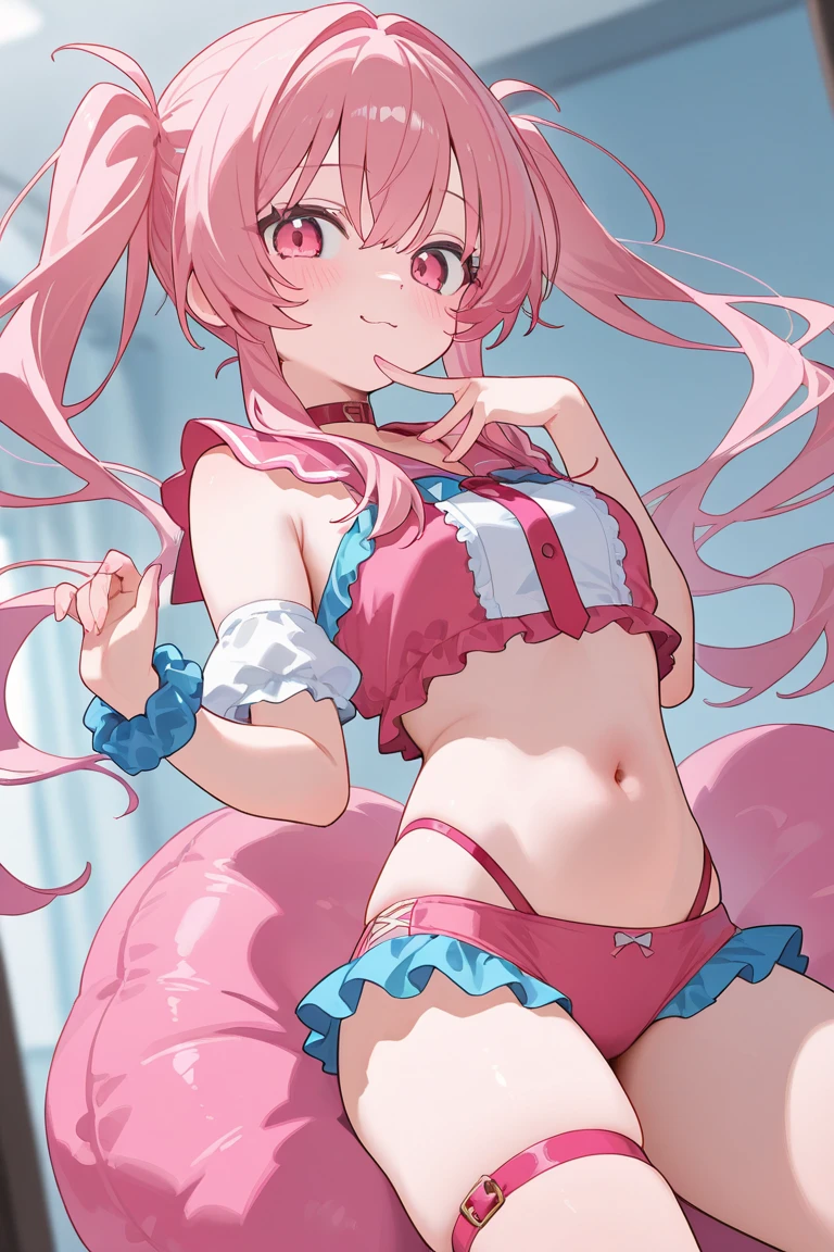 cure melody, navel, (pink hair ribbon:1.2), hairband, pink thighhighs, pink shoes, wrist cuffs, twintails, gem, frills,(pink crop top,pink miniskirt:1.3), spread armpit, arms behind head,blush,smile, looking at viewer, closed mouth,upper body:1.3),open mouth, embarrassed ,blush,(spread legs:1.3),(legs up),(cameltoe:1.3),masterpiece,Noise Reduction,perfect anatomy,high resolution, ultra-detailed,game cg,dutch angle ,beautiful detailed eyes,visualart,five fingers, perfect hands, perfect lighting,