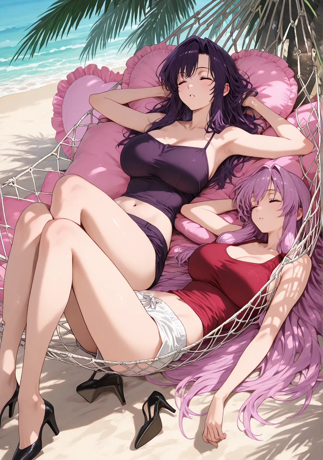 (masterpiece, best quality), amazing, Fine details, realistic, Official art, the Extremely Detailed CG Unity 8K Wallpapers, Masterpiece Portrait, realistic, photo, (1 woman:1.3), (1 girl), (solo girl:1.3), (perfect woman body), realistic, photo, (beautiful woman faces:0.9), (Captivating anime woman), Beautiful style, (luka megurine), (long pink hair), bright blue eyes, smile, (slender body), (medium breasts:1.1), large , on beach, (botanical print swimsuit:1.3), (random color swimsuit:1.3), closed_mouth, looking at viewer, palm_trees, sitting under trees, scenery focus, aerial_view, summer, (beach), nature, daybreak, blue_sky, horizon, landscape, perfect lighting, aesthetic, wallpaper, scenery, from-side, from behind, high leg swimsuit,