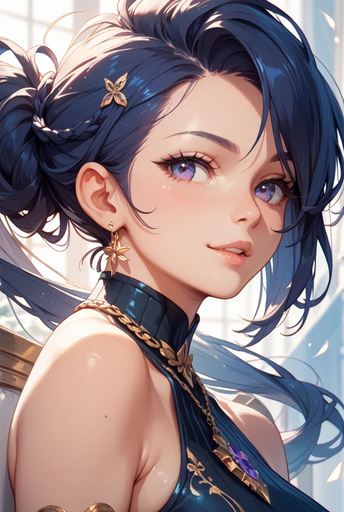 pretty girl, (Brown Hair), ((very bun hair)), Perfect Face, An innocent smile, Upper Body,(Cerulean Eyes), (yan), (small), (thin), ((Flat Chest)), ((Only 16)), Skin Dentition, Attention to detail, Attractive oval face, Red lips, pink, Shiny skin, Fine hair, Face Focus, Chest close-up, Gorgeous hair ornament, Gold earrings, ((1 Girl)), Embarrassed expression,