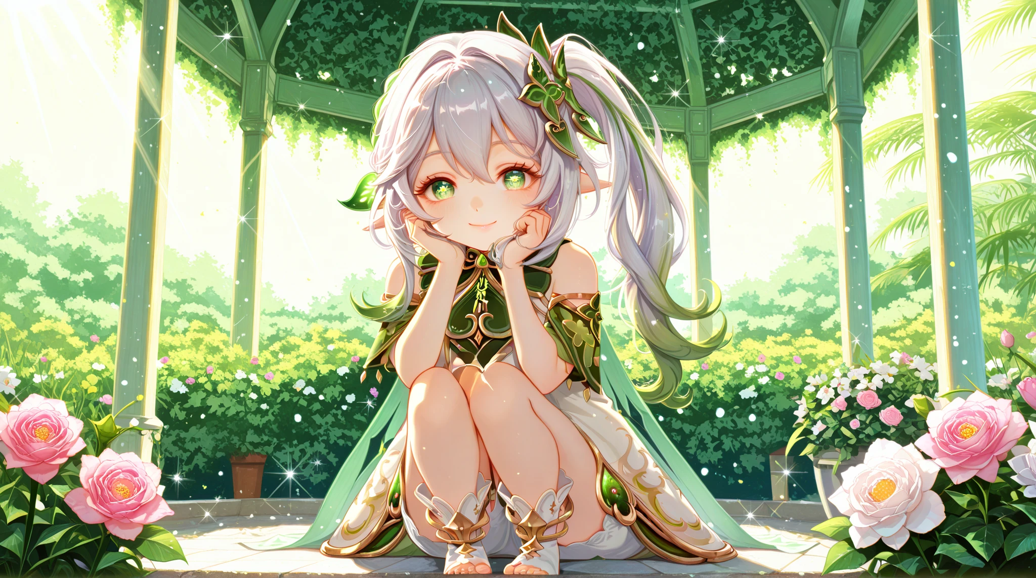 Best Quality, top-quality、(cute petit girl:1.3), flat chest,Beautiful pink eyes、Lori、(Cuteness beyond limits),(White underwear),lovely thighs、cute smile face、poneyTail、sexypose、Panchira、Bend your knees