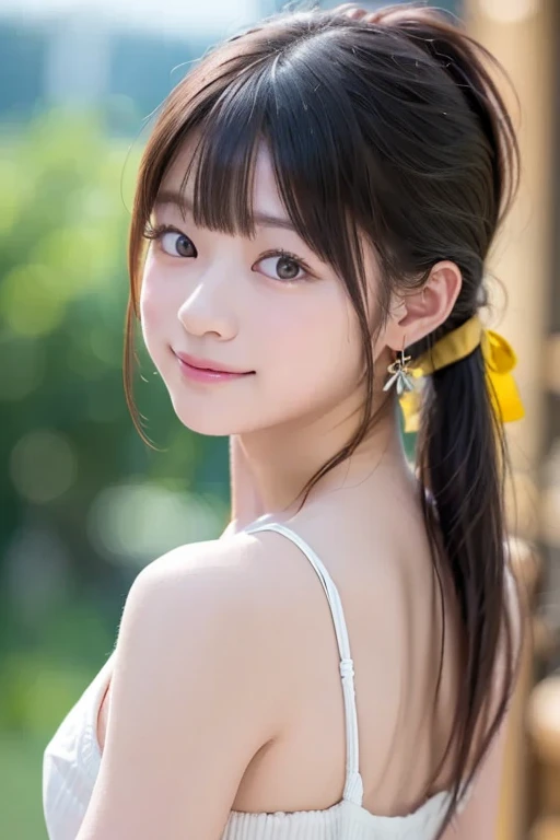 One piece with collar,outdoors,Urban Park,On the lawn,Ultra-detailed, finely detail, hight resolution, 8K Wallpaper, Perfect dynamic composition, Beautiful detailed eyes,Outdoor,Close-up of face,Outdoor,Blushing,Facing forward,,Long hair ponytail,((8k, Raw photo, Best Quality, Mastepiece:1.2), (Realism, Photorealistic:1.4), (Highly detailed 8K wallpapers), Depth of written boundary, Cinematic Lighting, Soft Light, Detailed Beauty Eye,Shiny and smooth light brown ponytail, Asymmetrical bangs, Shiny skin, Ultra-detailed skins ,It is high resolution., High detail, Detailed hairstyle, Detailed facial beauty, Hyper-realistic, Perfect limbs, Perfect Anatomy ,1 Japanese girl,Famous Japanese Idols, Perfect female body,A shy smile,Short eyelashes,Double-edged eyelids,Look straight here,Hair style: ponytail,