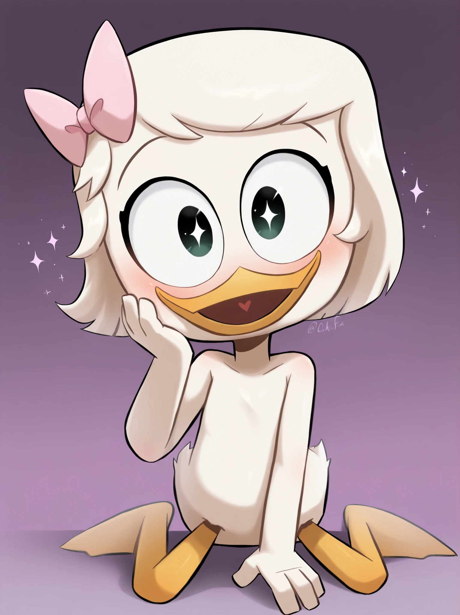 (masterpiece, best quality, very aesthetic, absurdres, artist:sakura, gradient background, purple background, shaded,) 1girl, female, webby vanderquack, duck, beak, young, hand on own cheek:1.2, wariza, wide eyed, black eyes, looking at viewer, sparkling eyes, open smile, blush, white hair, ((pink bow, hair bow, nude)), heart background,
