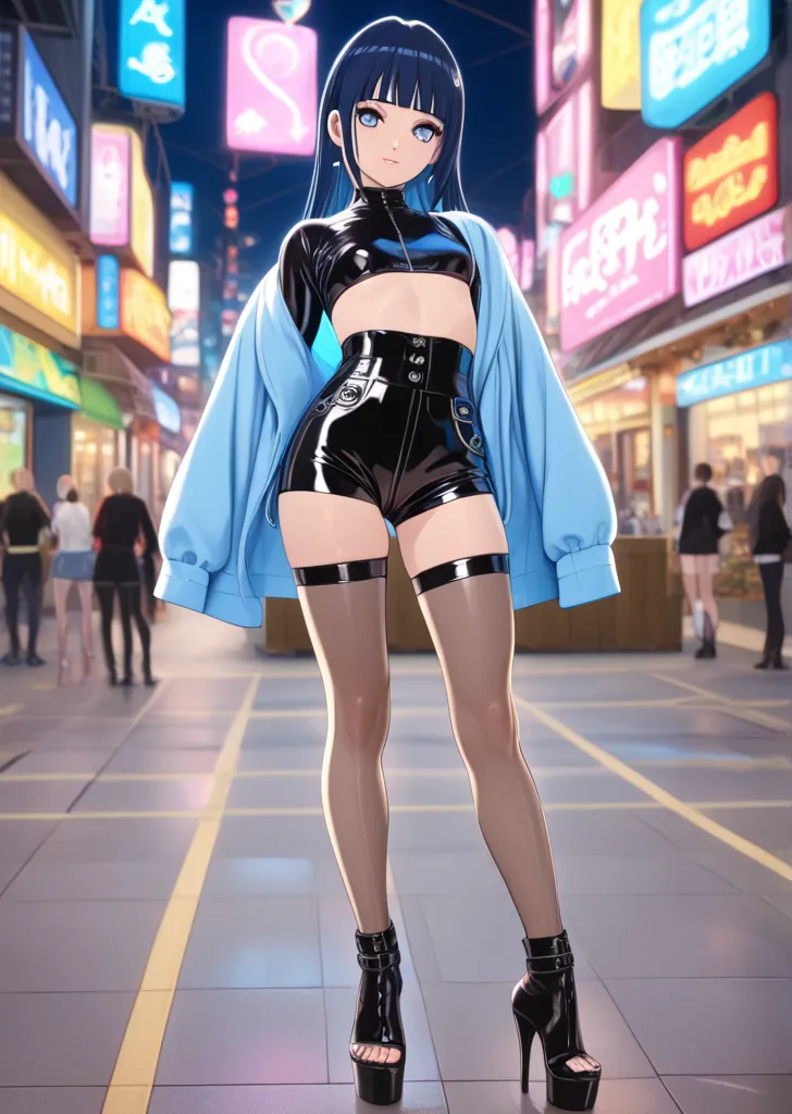 A badass woman smoking a cigarette on the street at night(White sneakers, Black hot pants, XL-size purple hoodie with belly button exposed, black choker, light gold ponytail, purple eyes)