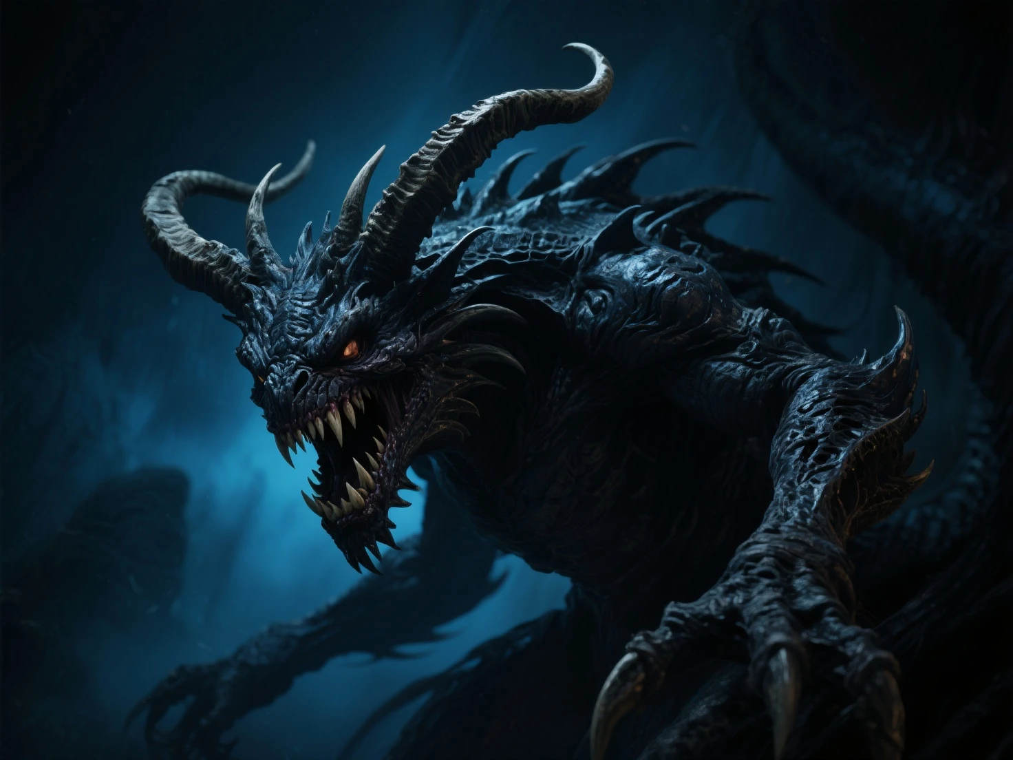 a possessed monster girl screaming towards the camera,1girl,demon,horns,fangs,glowing eyes,wild hair,distorted face,open mouth,sharp teeth,dramatic lighting,dark atmosphere,moody colors,digital art,fantasy,concept art,cinematic,unreal engine,highly detailed,octane render,photorealistic,8k