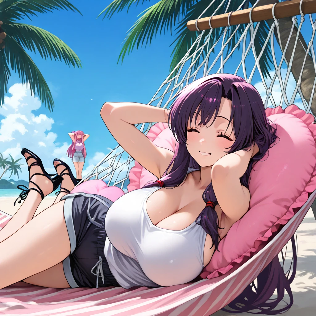 2heads, male female couple, black hair, pink hair, braid, 1girl, pink haired girl, long hair, black haired boy, (masterpiece), (high quality), (best resolution), absurdres, :D, looking at viewer, beach, bikini, wide hips, thick thighs, (flatchested), barefoot, sitting, full body, small breasts, medium breasts