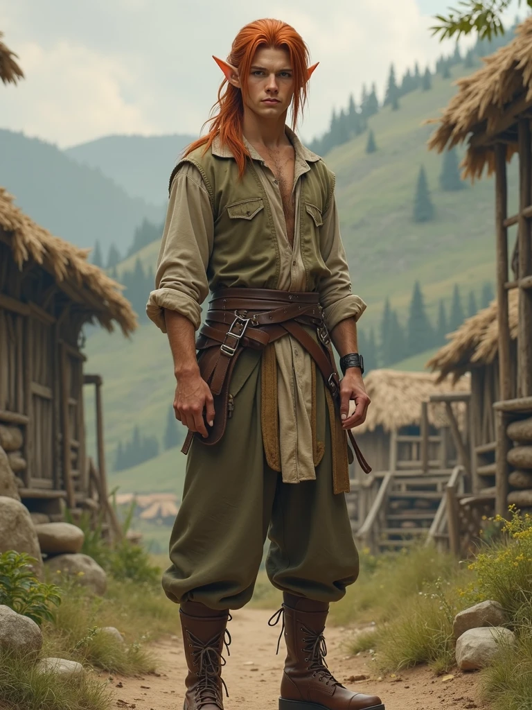 25-year-old albino Native American with yellow eyes and red hair, feathers on the arms, painted face, hair braid, ankle chains, rosary (left hand), traverser (right hand), uses a bow and arrow as weapons, rides a llama and lives in a village on stilts. Gregorian Rite Catholic.