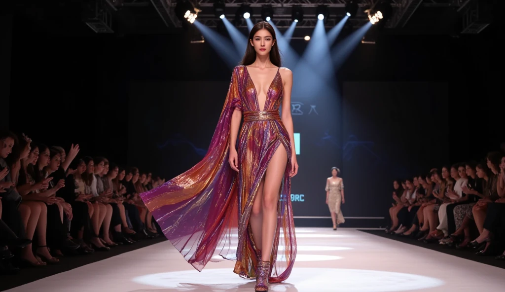A woman walks on the runway, I only have one blanket on me, fashion runway, rich and colorful fashion, crazy fashion show, simple fashionable dress, catwalk photos, Creativity in fashion design, decorate, rich and colorful、fantastic outfits, fashion model, high fashion design, runway photos, rich and colorful的服装, belly button, long legs, Chinese girl, Beautiful lines, big breasts, Manners are elegant, High-heeled sandals, hip-covering skirt, short hair