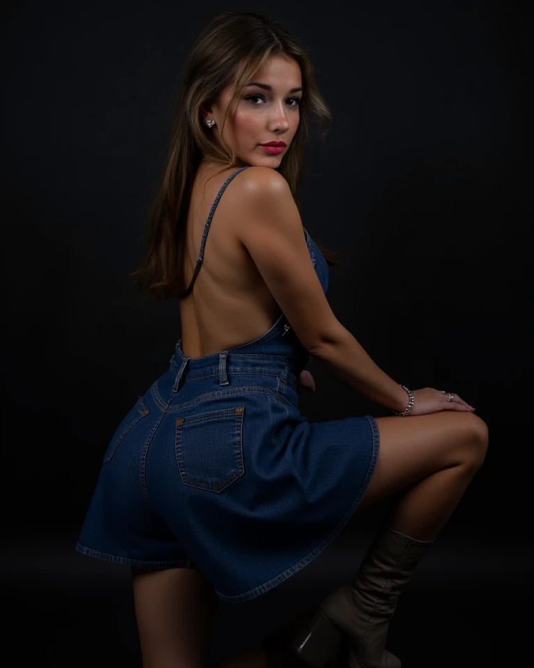 night, female, relaxed, backlit, (Deep Focus), contrast, (f_stop 2.8), (focal_length 35.0) f/2.8, 35mm focal length, analog photo, silhouette, spotlight, (denim skirt and top), (((posing kneeling))), (leaning forward) showing her face and ((focus on face)) (from behind) (big ass) (cleavage:1.15), pouting, big lips, a beautiful perky Scandinavian woman, ((showing ass)) Millie Bobby Brown, pale skin, dark anus, make-up, perfect pink labia, Millie Bobby Brown's likeness, highly detailed face, ultra detailed oiled imperfect skin, long black kinky hair, piercing eyes, (lustful facial expression, lusty, lascivious:1.3), dark background, warm colors, RAW candid cinema, 16mm, color graded portra 400 film, remarkable color, ultra realistic, captured on a (Fujifilm X-Pro3) / (f_stop 16.0), (focal_length 24.0), very small pendant on fine necklace, highly realistic, realistic, masterpiece, absurdres, intircate, highly detailed, detailed, high quality, best quality, highres, photo_(medium), reality, dimly lit, low light, dim, dark, 8k, cinematic lighting, volumetric lighting, dim lighting, professional photography, perfect eyes, detailed hair