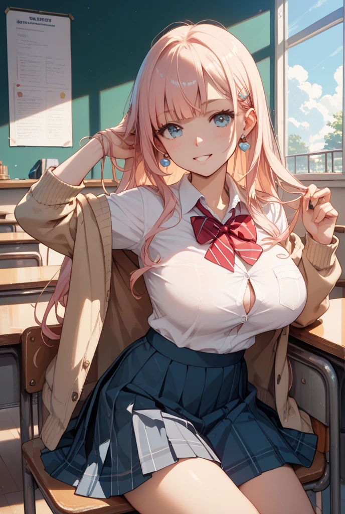 (((Japanese animation film))), ((Animation)), (Gal), Medium Length Hair, (Braided hair:1.3), (Bangs:1.2),Two-tone hair, Blonde hair, (Pink Hair), Round Face, Red Eyes, (Drooping eyes), (((we say))),Pink Lips,punching,necklace,[dark skin], A faint smile, ((((Lovely)))), fair, 1 girl, Solitary, (Cardigan:1.4), [Cleavage incision],fair background,(classroom:1.5),night,Sunlight,Backlight,masterpiece,best quality,Beautifully,8k,absurd,Super exquisite illustrations,(Looking at the audience)