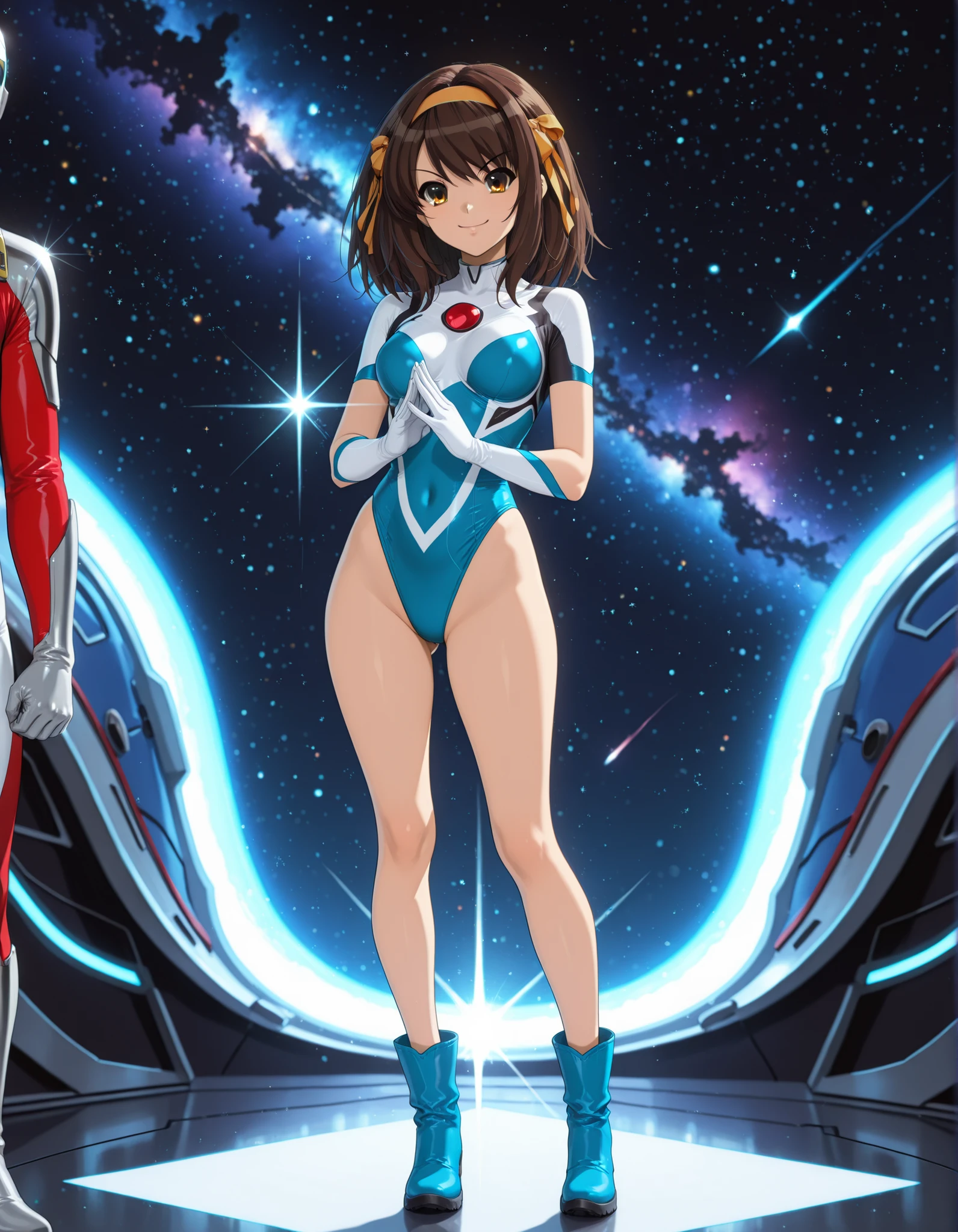 Masterpiece, best quality, high res, 8k, solo, solo focus, 1girl, sysdeep_haruhi, suzumiya haruhi as a ultraman-type superheroine, (blue highleg leotard with white accents), (bare legs:1.4), matching gloves, (matching boots, blue ankle boots:1.2), smile, standing, space background, diffraction spikes, light particles, fix hands, using her superpowers