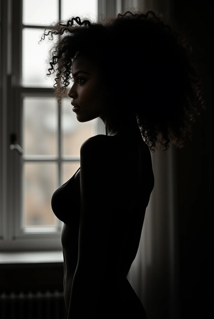 ((masterpiece, 8K, best quality, high resolution:1.3)), (a photo of a black woman wearing a tiny white lingerie set:1.2), (she is looking out the window of her apartment, observing the view:1.2), (her buttocks are large and round:1.2), (the light is from the sunset, casting a warm and dramatic glow:1.2), (the photo is taken by Sebastião Salgado:1.2), (the photo is in black and white:1.2), (the photo is a full-body shot:1.2), (her expression is contemplative and serene, with a hint of longing:1.2), (the apartment is modern and minimalistic, with clean lines and a simple decor:1.2), (the window is large and frames the cityscape or a natural landscape in the distance:1.2), (the lingerie is delicate and elegant, highlighting her curves:1.2), (the composition showcases the contrast between her strong, sensual pose and the serene setting:1.2), (a moment frozen in time, capturing the essence of beauty, contemplation, and elegance:1.3), (ultra photorealistic, highlighting her features and the minimalistic apartment setting:1.3), (an image that transports viewers to a captivating and thoughtful moment:1.2), (a scene that exemplifies the beauty of the human form and the artistry of Sebastião Salgado:1.2), ((((thick eyebrow)))), (((((posing for the photo))))), (((skinny waist))), (((thick hips))), (((good hips))), (((short legs))), (((thick thighs))), (((smile face))), (((thighs apart))), (((posing for the camera))), (((laugh face))), (((huge ass)))