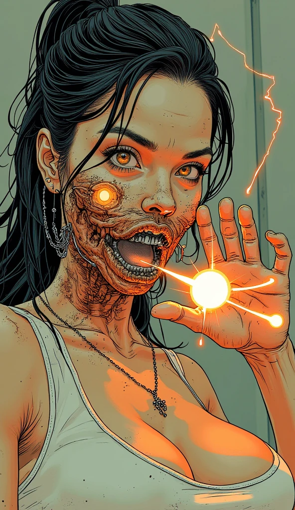 the (laughing girl:1.1), photo of (m4arj0r13t4y10rgr33n:1.3), mouth too wide, creepy jaw unhinged, portrait, symmetrical artistic sharp art, dan mumford style, hdr, realism, dark atmosphere, lovecraft style, (JimJorCrafLogo art style:1.3), 1girl, (Marjorie Taylor Greene:1.3) face, MTG, Marjorie, evil