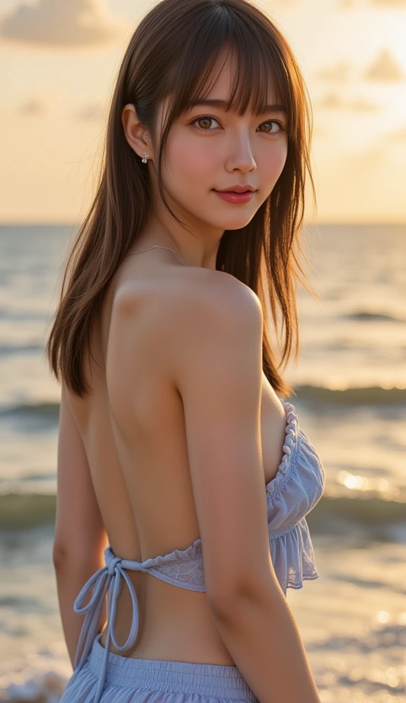 (masutepiece:1.3), High resolution, ultra-detailliert, the Extremely Detailed CG Unity 8K Wallpapers, Realistic, Photorealsitic, Raw photo, beautifull detailed face, pale skin, realistic glistening skin, Detailed Cloth Texture, detailed hair texture, Perfect Style, Beautiful face, acurate, Anatomically correct, Highly detailed face and skin texture, Detailed eyes, Brown eyes, Double eyelids, Thin eyebrows, (Dropped eyes:0.65), (eye line:1.2), Natural cheeks, Wet skin, (Fair skin:1.2), shiny necklace and earrings, (Glossy lips: 1.5),
BREAK
(Wearing a trendy and classy dress:1.2), (strap sandals,:1.1), 18year old, a Innocent and cute girl, Focus on Face, (Layered hairstyle), ( hair:1.2), Medium Long Hair, (Large breasts), (embarrassed:1.2), (blush), ((Gravure Pose :1.2)),
break
On a luxurious seaside terrace, Looking at Viewer, (Beautiful crystal clear sea in the background), (Perfect cloudless weather), (Cowboy Shot:1.2), (From Side),