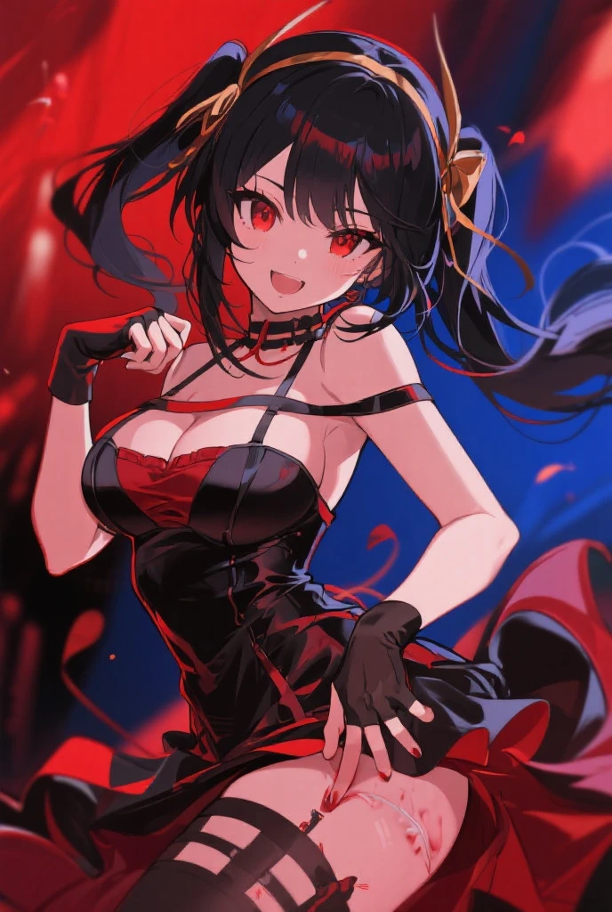 18 Year Old Beautiful Girl, Masterpiece, Top Quality, 8K Anime, 1 Girl, Solo, Detailed Fingers, Precise Fingers, Non-Unnatural Hands, Odd Eye, Red Eyes, Cleavage, Black Hair Twin Tails, Kurumi Tokizaki