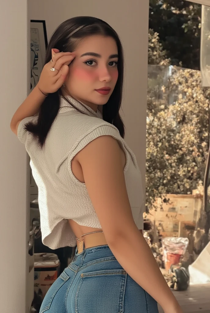 A cute 20 years old indian girl , simple smile without showing teeth , rough dry face skin , , sexy and hot , white shorts , big boobs