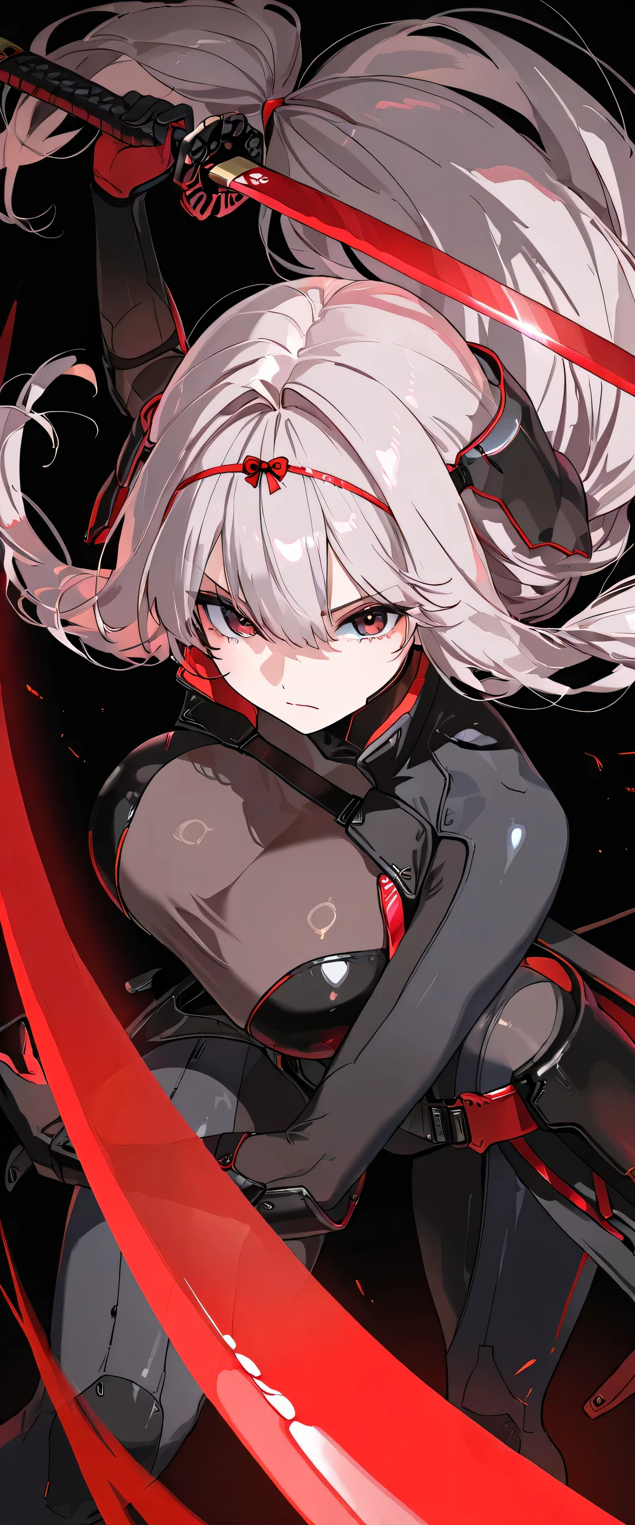 masterpiece, best quality, high resolution, very detailed 8k, very detailed, 1 girl, solo, Scarlet, Black shadow, Nikke, translucent clean skin, cool and beautiful girl, slender, round body, ample bosom big breasts, waist length hair, middle-tied hair, smooth hair, grey hair:1.3, brown red eyes, serious, (((she is wearing simple black tight suits which is completely black color:1.3))), black background:1.3, she is standing, open legs, grab simple plain red katana, bird-eye view, focus a girl, dynamic pose for starting battle