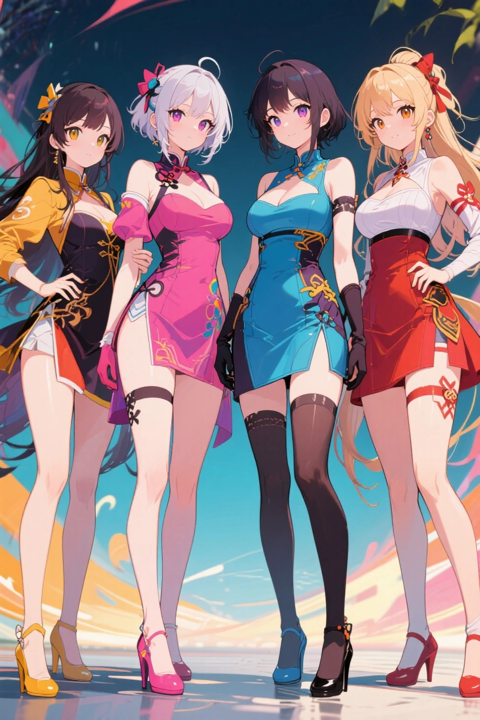 Highest quality, Super detailed, (Ultra-high resolution,8k), Ultra-high definition 4K, (Perfect Anatomy, Anatomically correct), ((5 cute idol groups)), (Women&#39;s dress with detailed floral print), (Beautiful Eyes), (Detailed eyes), (High-quality facial beauty), (Live Performance), (Photorealistic), (Big Breasts), Soft Skin, Glowing Skin, Bright lighting, ((High Jump)), (cute), colorful, Goddess-like beauty