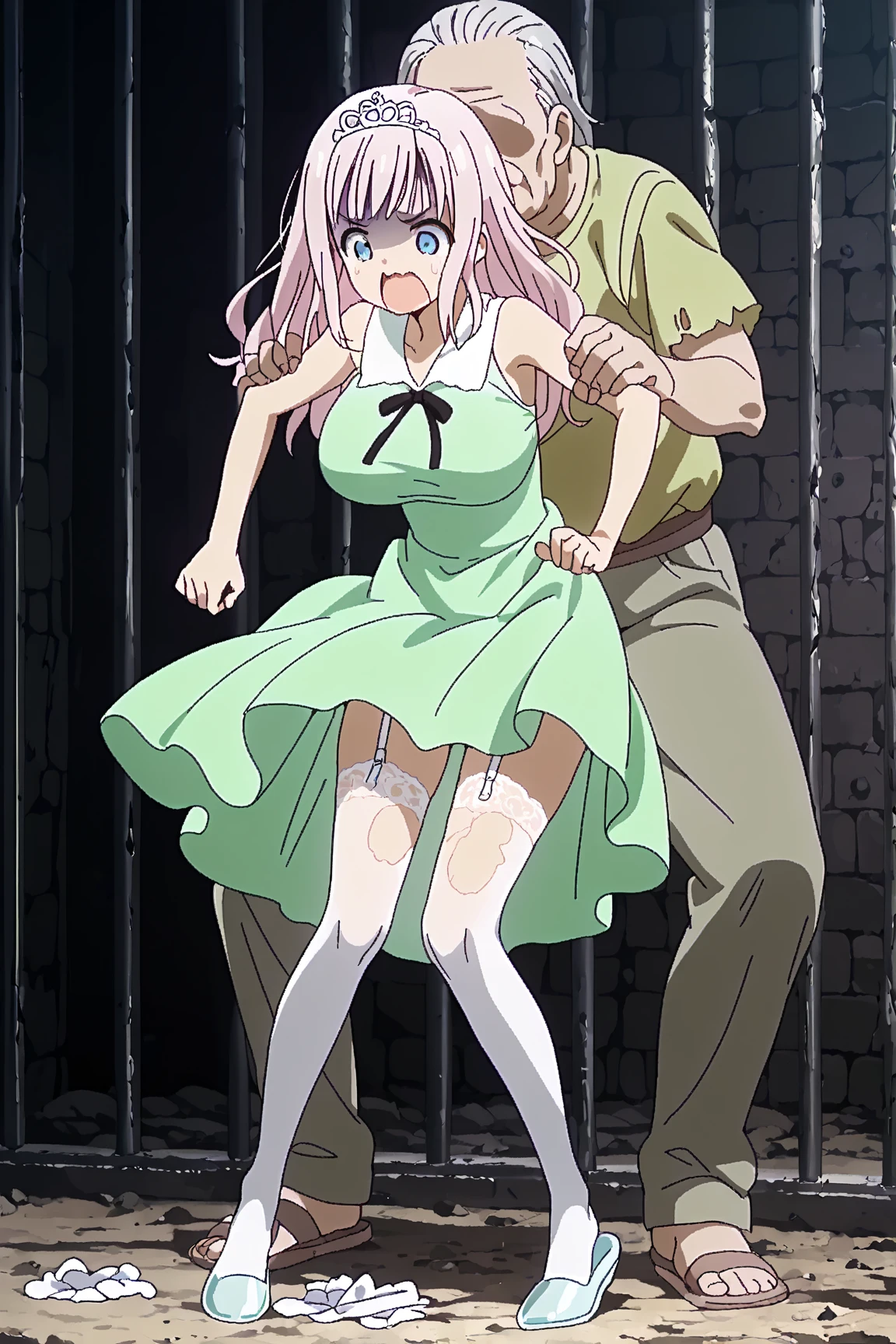 score_9, score_8_up,score_7_up, score_6_up,source_anime, BREAK uncensored, official art, official style,anime_screencap , Maya Yamada, 1girl, solo, green hair, glasses, green eyes, short hair, boots, dress, knee boots, breasts, yellow dress, collarbone, short sleeves ,cutest girl in the world , rating_explicit, perfect anatomy, anatomically correct hands:1.3, BREAK source_anime,(ultra HD quality details) , blue brick wall, dark room, dungeon, She puts her hands on the wall , tears, cry ,screaming , blush, ecstasy , orgasm , vaginal,sex , sex from behind, standing sex, bent over, doggy sex ,side view , 1boy,(((Muscular man))), (((ugly man))) , (((Size difference))) , riding cock, huge cock, muscular cock, wide cock, fat cock ,grab her ass