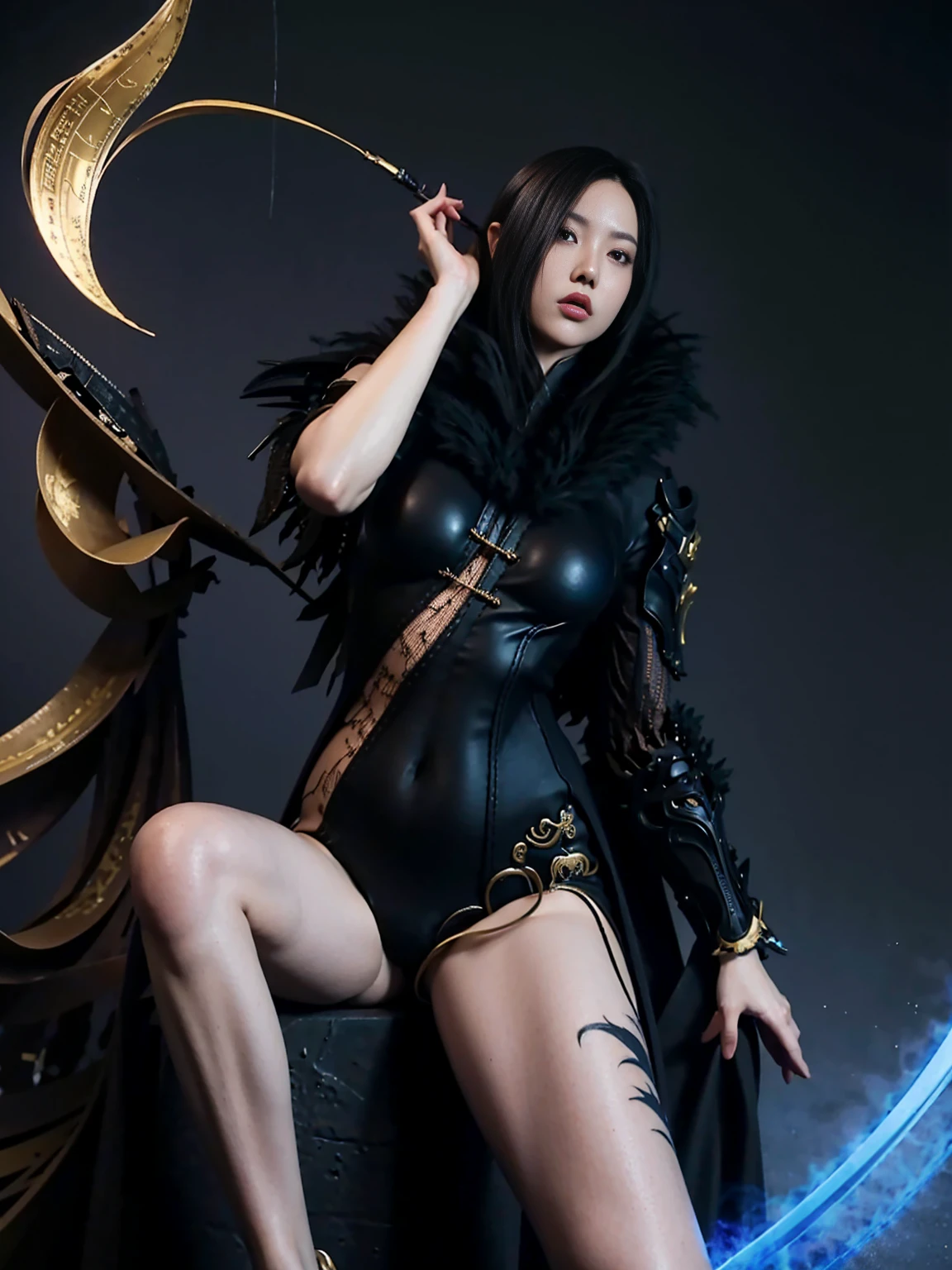 (best quality)), ((masterpiece)), (detailed), perfect face, beautyful face, Big tits asian girl, ((open venom push up)), matrix movie outfit, stocking, black hair, black red high heels boots, (((there is a dark cave in the background))), bitch style, sexy, erotic, (((hot legs))), (((prostitue style))), (( latex costume)), (((((her clothes are very torn in several places))))), (((detailed face))), (((hot ass))), ((((she stand)))), ((corset)), (((full body, hot legs)))