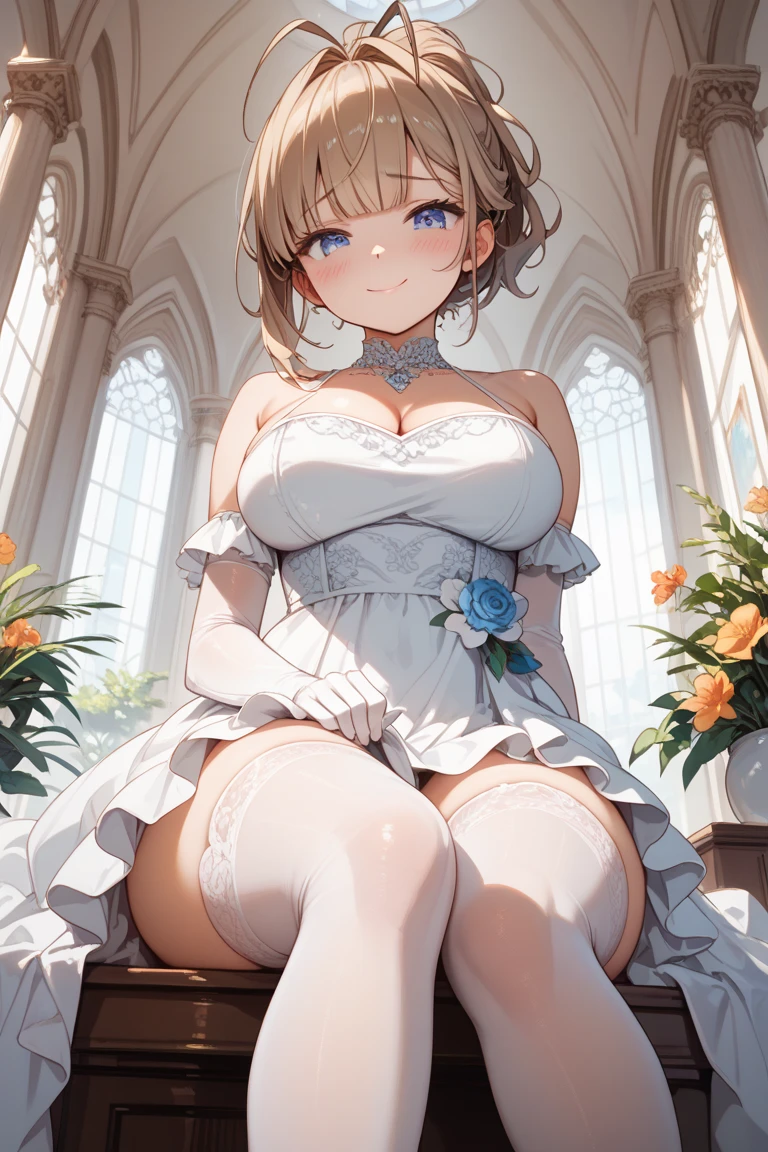 Top quality, masterpiece, accurate depiction, absurdity, high resolution, very delicate 8k wallpaper, beautiful girl, happy smile, (Golden Playboy Bunny: 1.5), (white Leotard), Rabbit ears, Rabbit tail, (fishnet stockings), (white High Heels), (holding a bouquet),