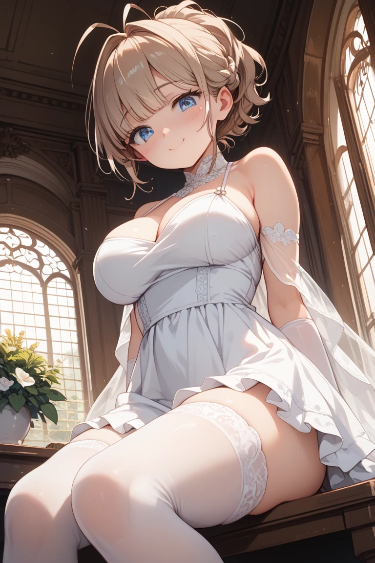 (in 8K, Best Quality, masutepiece:1.2), Best Quality, 超A high resolution, kawaii, Cute, 1girl, 20 years old, (big round chest:1.2), (hanging breasts), breast focus, (embarrassed:1.2), (sexy pose), (black collar:1.2), (pubic hair), middle hair, dynamic angle, see through white strapless leotard, Monique Lhuillier wedding dress, lace sleeves, full body, church, Stained glass, holylight, (breast grab), panty focus, close up