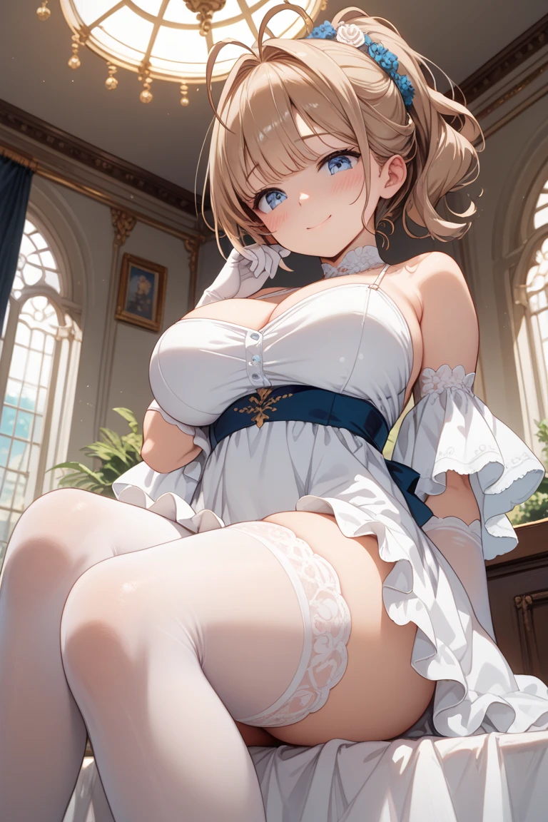 nordic mature woman、Beautuful Women、A MILF、Beautuful Women、A MILF、Huge breasts、Solo、Like a French aristocrat、decorated with delicate patterns、Wearing costumes with attention to detail、Wearing luxurious jewelry、Blushing cheeks、With a bewitching smile、On a plush bed、Open the crotch、Showing cleavage, Looking at Viewer、Back cowgirl