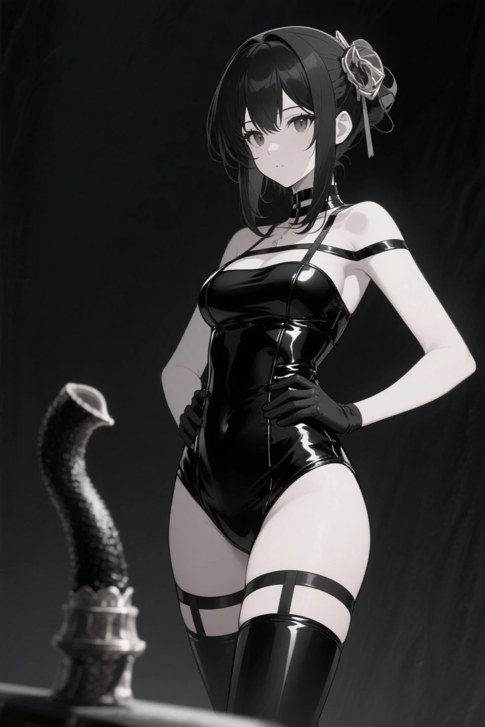 Masterpiece, Beautiful art, professional artist, 8k, art style by sciamano240, Very detailed face, Detailed clothing, detailed fabric, 1 girl, Soul Fullness \(Honkai Impact 3rd\), view from behind, perfect ass, standing, perfectly drawn body, shy expression, 4k eyes, very detailed eyes, pale skin, beautiful face, short dark blue hair, (shiny black tight bodysuit), black gloves, gloves that cover hands, (holding an ax with the right hand), Sensual Lips , evening de invierno, show details in the eyes, looking at the viewer, Dark road, dark forest, evening, Atmosphere, fog