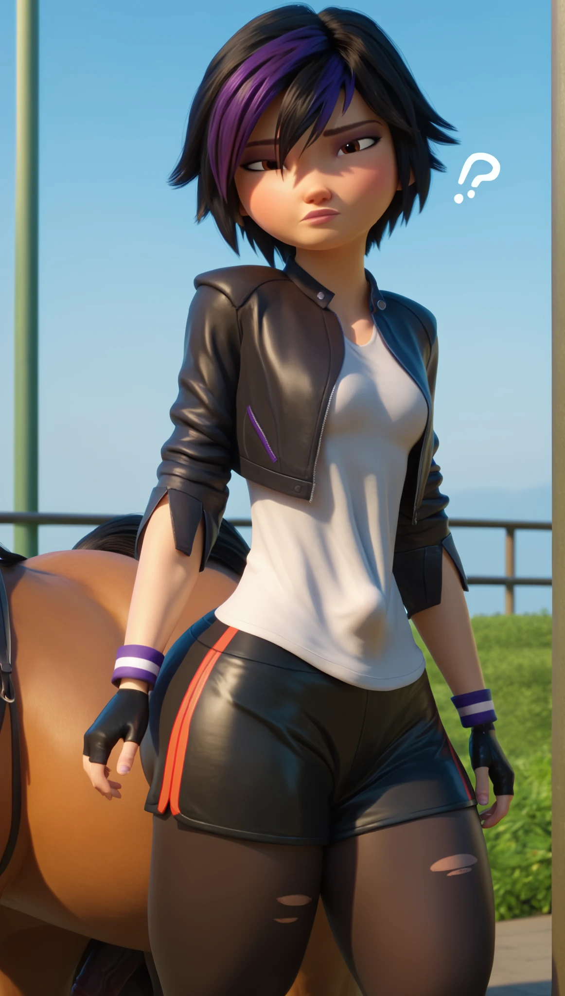 check_9,check_8_up,check_7_up, BREAK gogo tomago,3D, , One, black hair, black cycling shorts, black fingerless gloves, short hair, brown eyes, black leather jacket, black capri,blue spots, purple hair, striped hair , lips, looks at the viewer, impassive , open the jacket, (huge ass), (thick thighs), cropped jacket, white t-shirt, sleeves pushed up, sleeves rolled up, official style,closed mouth,head tilt,black gloves, Breasts, focus butt, (((?))), Eskimo ,(( huge horse cock)), ((((erection under clothes))))