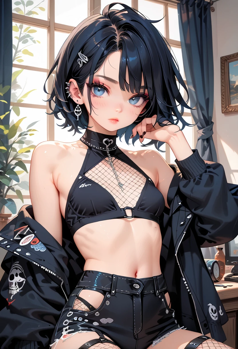 (masterpiece、Highest quality、Very detailed))、One girl、Black Hair、short hair、twintails、blunt bangs、Wavy Hair、Grey Eyes、((open mouth))、((cum on tongue))、((lots of piercing))、Large Breasts、((Virgin destroyer sweater))、No sleeve、belly button、garter straps、thighhighs、kneeling、On the bed、Bedroom Background