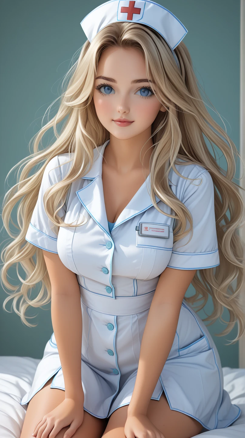 Beautiful woman long blonde hair, sexy nurse dress, top glued between open, big breasts, big butt, high quality, super realistic, 1080, 4k, 8k, UHD