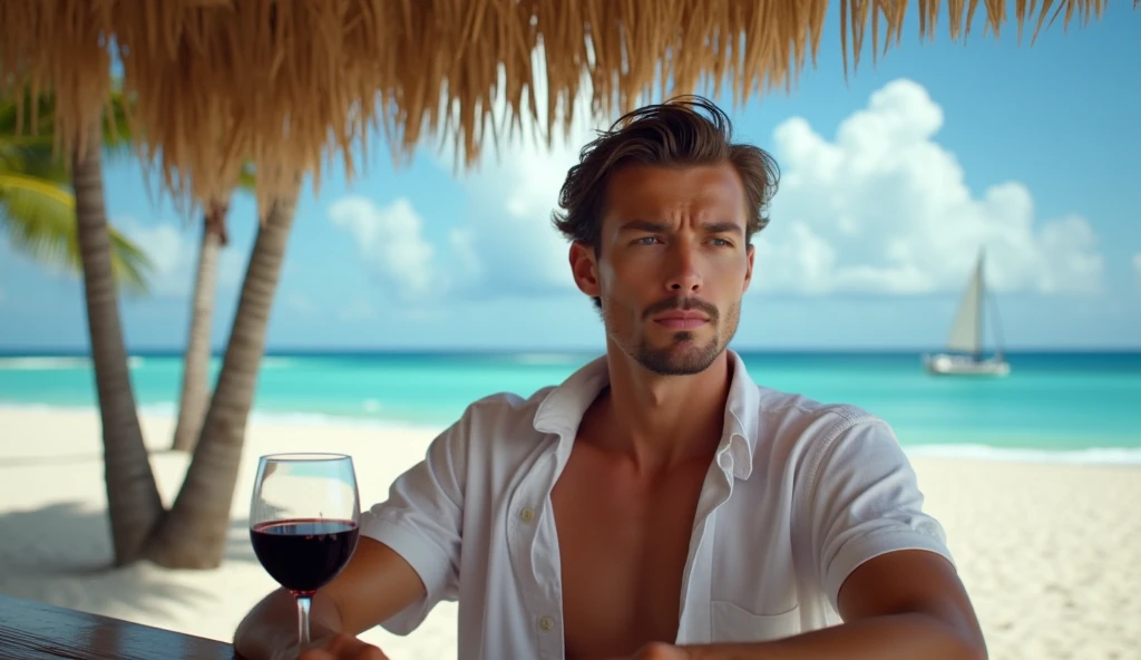 A rugged, natural setting with a man applying Dior Sauvage, highlighting the fresh, spicy, and warm notes of the perfume."