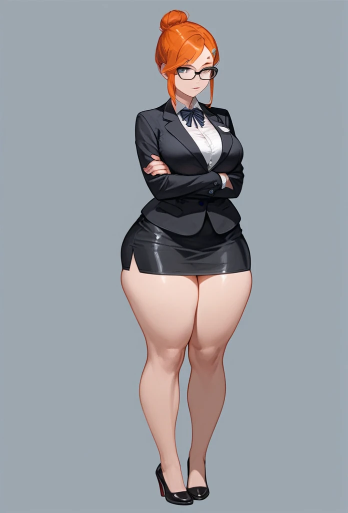 pale adult woman, large breasts, very thick thighs, massive thighs, wide hips, short ginger hair in a sleek hairbun, glasses, tight black blazer, tight black pencil skirt, mid-thigh black pencil skirt hem, thick thighs pressed together, very thick legs, thick calves, wearing black high heels, bored expression, strict teacher, facing forward, she is standing, legs and feet in the photo, crossing arms under her chest, straight face, raised eyebrow, full body shown, voluptuous, detailed face, 8k quality, toes pointed inward, full body shown, staring
