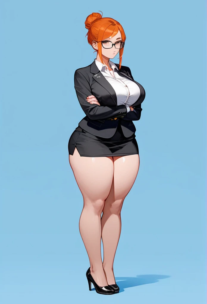 authoritative pale adult woman, large breasts, very thick thighs, thick calves, massive thighs, wide hips, short ginger hair in a sleek hairbun, glasses, tight black blazer, tight black pencil skirt, mid-thigh black pencil skirt hem, thick thighs pressed together, very thick legs, thick calves, wearing black high heels, bored expression, strict teacher, facing forward, she is standing, legs and feet in the photo, crossing arms under her chest, straight face, raised eyebrow, full body shown, voluptuous, detailed face, 8k quality, professional, full body shown, staring