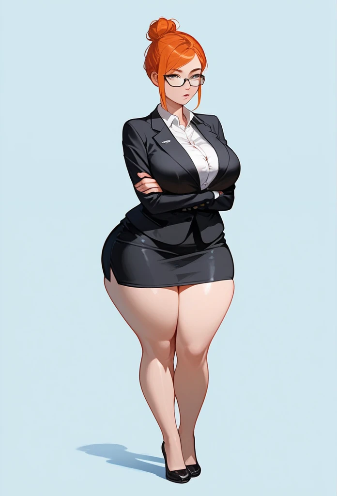 pale adult woman, large breasts, very thick thighs, massive thighs, wide hips, short ginger hair in a sleek hairbun, glasses, tight black blazer, tight black pencil skirt, mid-thigh black pencil skirt hem, thick thighs pressed together, very thick legs, thick calves, wearing black high heels, bored expression, strict teacher, facing forward, she is standing, legs and feet in the photo, crossing arms under her chest, straight face, raised eyebrow, full body shown, voluptuous, detailed face, 8k quality, toes pointed inward