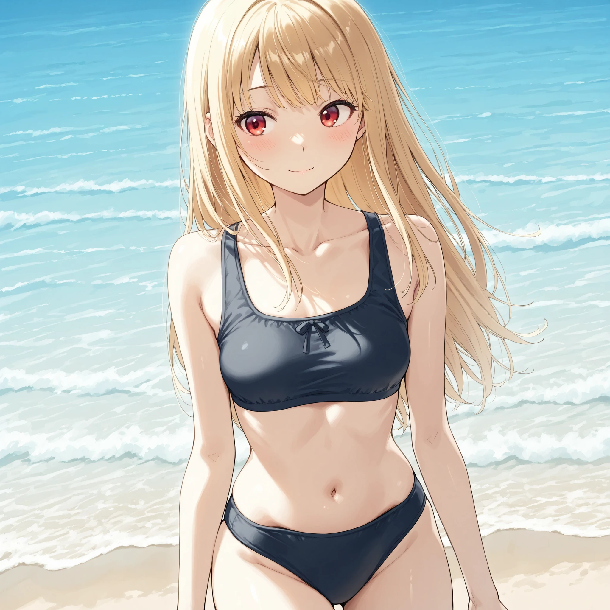 from below,1girl,looking back,( clear line illustration :1.2),((pastel)),((Amazingly absurd)),perfect anatomy,High Quality,absurd,ultra high definition ,beautiful face, Small Faces ,Meticulous Skin ,Completed,Accurate 4 fingers,148cm,(middle breast),long hair,blond hair, bandeau bikini,Detailed bikini wrinkles,((((Accurate and adorable red eyes)))),(sea beach,blush,light smile),morning,Shake Your Head ,indoor