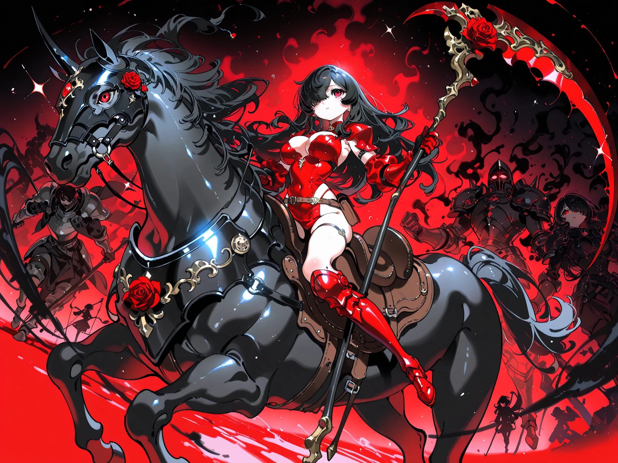 art style, (fantastic illustration, dark fantasy), masterpiece, best quality, high quality, illustration, high detail, newest, absurdres, highres, 8k, (void 0:0.46), (yoneyama mai:1.2), (cocoballking:0.45), (rella:0.5), (reoen:0.34), (wanke:0.56)
BREAK
1girl, Kuroki Monika, black hair, very long hair, hair over right eye, red eyes, large breasts, (petite but curvy, very cute), wearing a full-body armor, red rose theme, gauntlet, (armored horse:1.2), rider girl, holding a giant Grim Reaper scythe, holding scythe, red vines on handle, scythe tilted backwards, ((large scythe, black aura, blood energy)), saddle, dynamic angle, fantasy,
