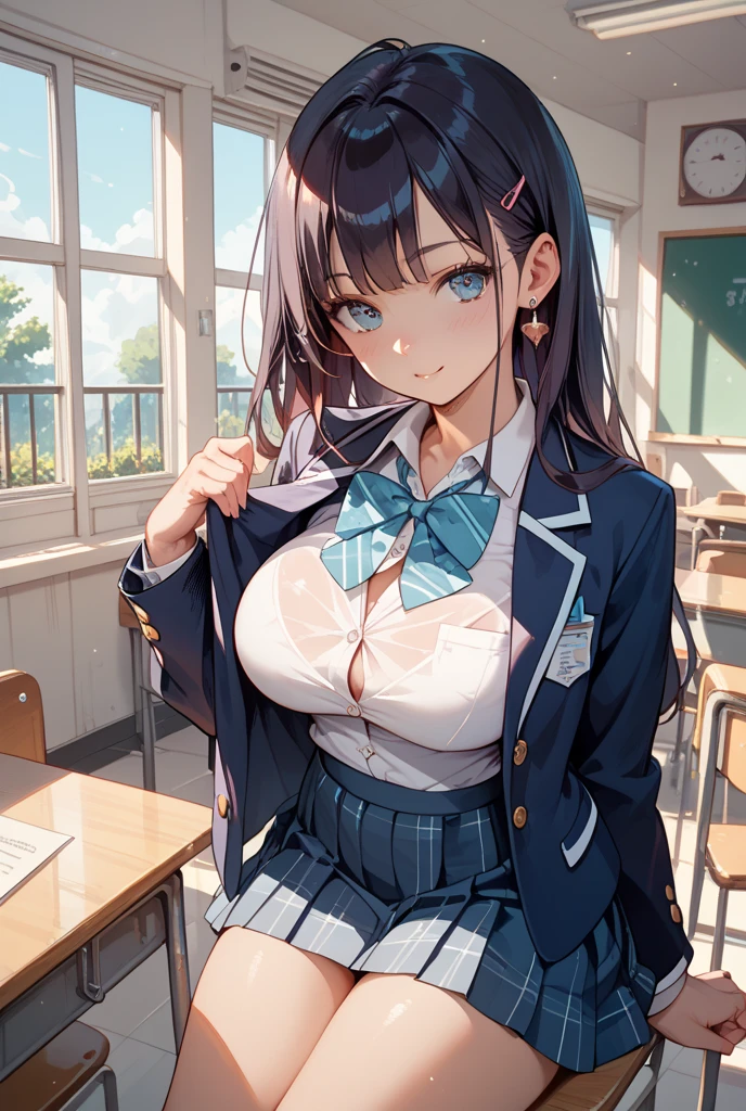 (cute eyes:1.2), (sparkling eyes:1.2), (8K、Best image quality、highest quality、masterpiece)、Detailed face、(2 girls)、Improve、(open mouth), (embarrassed), (glamourous:1.1), (cleavage), (crop top navel), Sit on a chair, Classroom Background, (black stockings:1.1), (Thighs:1.1), (Waistline:1.1),(close-up shot of bust), (from above:1.2)