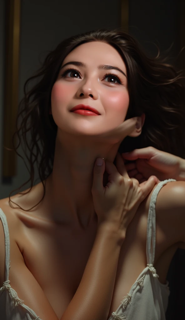 masterpiece, highest quality, Raw foto, photorealistic, smile, beautiful girl, cute, Hair up, Depth of the bounds written, High resolution, Super detailed, details, highly detailed eyes and face, mesmerizing black eyes, Realistic pupils, sharp focus, Cinematic lighting, upper part of the body, big breast cleavage, plump topless, nipples, show off armpits, wearing baseball hat