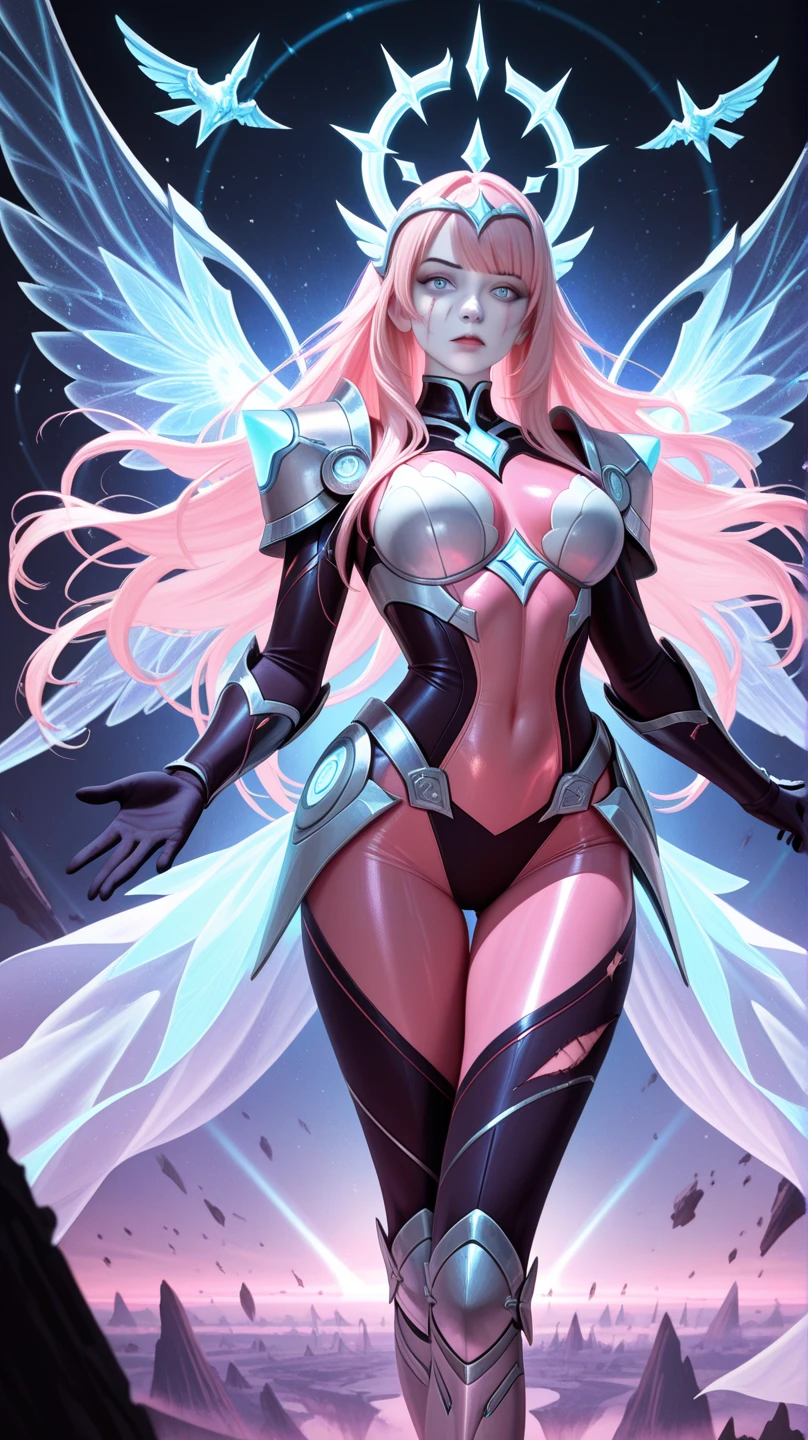 ((best qualityer)), ((work of art)), (detailded), 1 girl, ombro to ombro sweater, photorrealistic, high resolution, 1 women, mature woman, standing alone, hips up,purples eyes, cuddly, Star Guardian (League of Legends), pink hair, mitts, long hair, thicc thighs, overskirt, elbow mitts, hand on hip, bared shoulders, standing alone, wings, white mitts, breastsout, pink eyes, bangss, magic, hair ornament