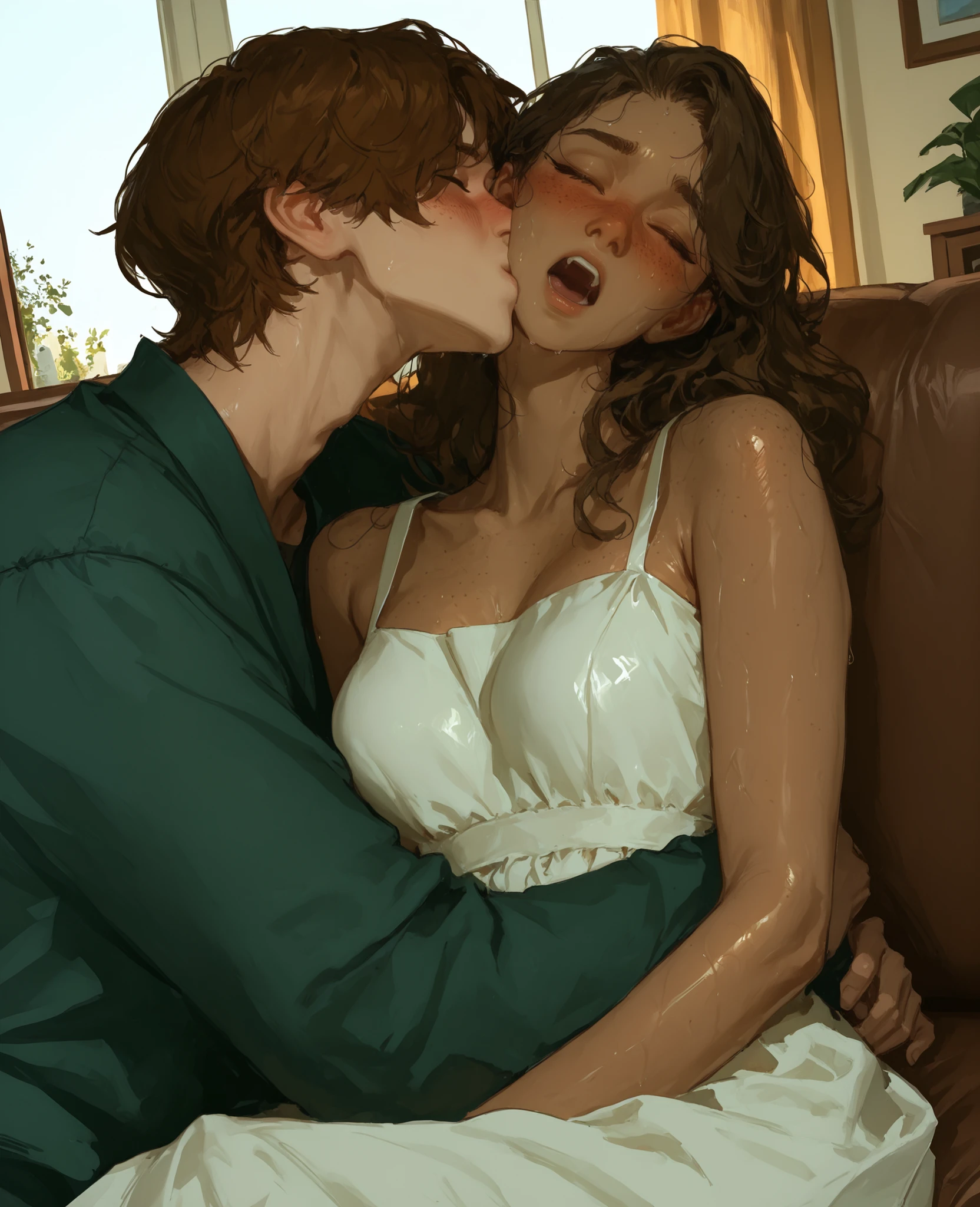 score_9, score_8_up, score_7_up, 1woman, solo, hair, closed eyes, white milky porcelain skin, white-skinned female, freckles, long wavy brown hair, lovely medium breasts, perfect body, black lacy sundress, sweat, female organism, open mouth, looking at viewer, head tilt, nose blush, blush, indoor, living room, day time, shiny skin, against couch, sitting , upper body, 1woman, 1boy (faceless, face on girl's face,
intense kiss, deep kiss, kiss ), hug. Dutch angle.
