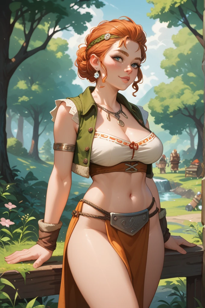 flat chests, nsfw, masterpiece, 1 girl, erect nipples, intricately detailed, topless, navel, bare shoulders, necklace, orange hair, green skirt, elf ear, leather belt, mountainous horizon, mountains, forest, blue sky, extremely detailed, photorealistic, octane render, 8 k, unreal engine, bare breasts, , green eyes, archer, bow and arrows, bare stomach, sweaty, moist breath, child, arm strap, one side braid, 1 ear exposed, bangs, bandana, long nails, smiling, freckles, crossbow, gold bracelet, open mouth