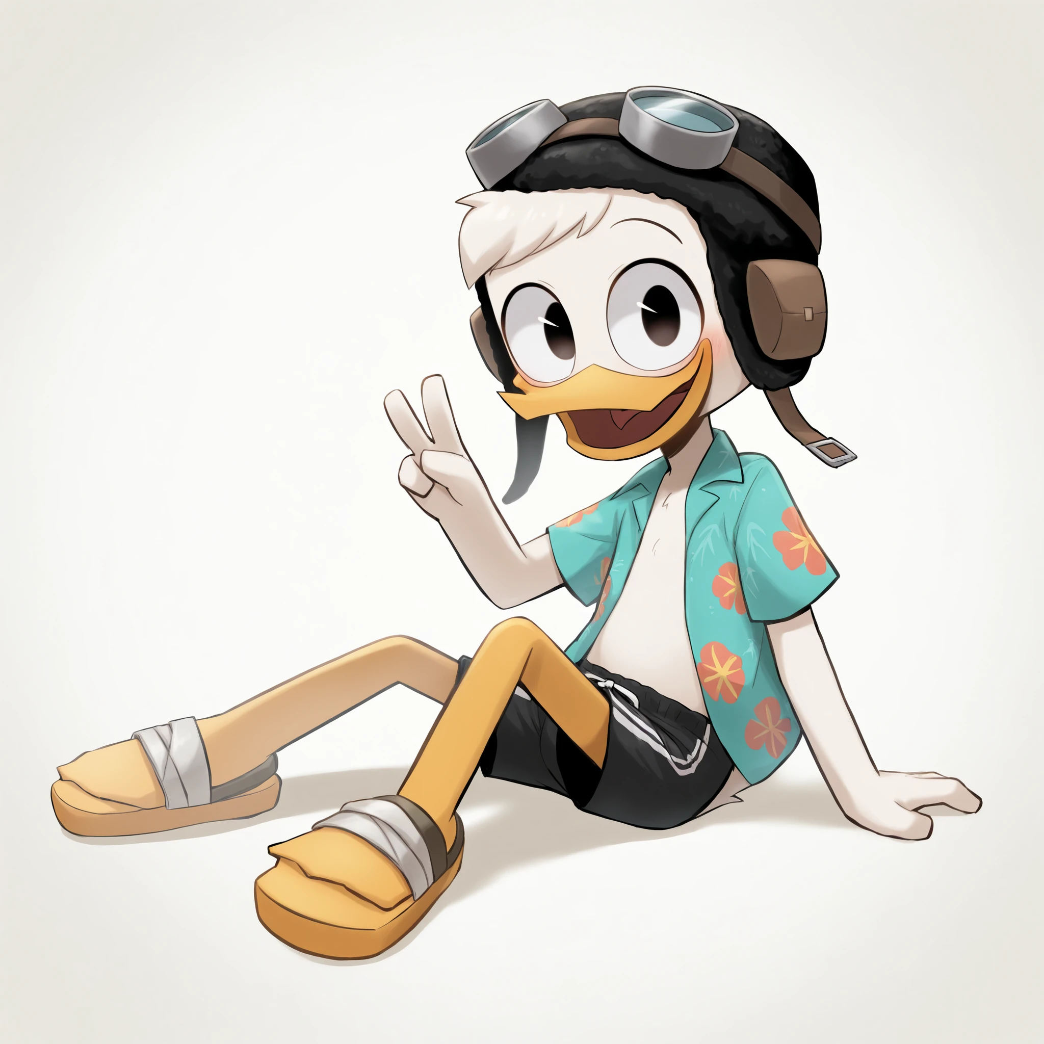 (masterpiece, best quality, very aesthetic, absurdres), artist:sakura, solo, 1boy, male, duck, beak, young, black eyes, looking at viewer, open smile, blush, white hair, messy bangs, short messy hair, ((goggles, black wool hat, blue aloha shirt, short sleeves, black swim trunks, sandals)), white background, simple background, sitting, peace sign with one hand, short body,